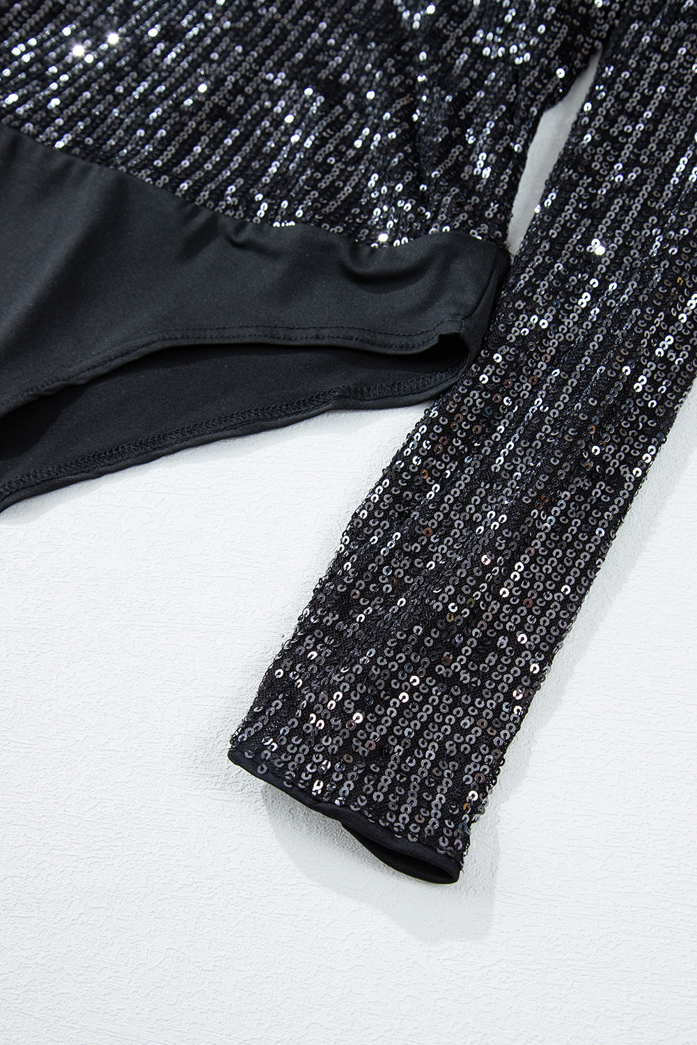 Black Sequin V Neck Zipped Long Sleeve Bodysuit eAura