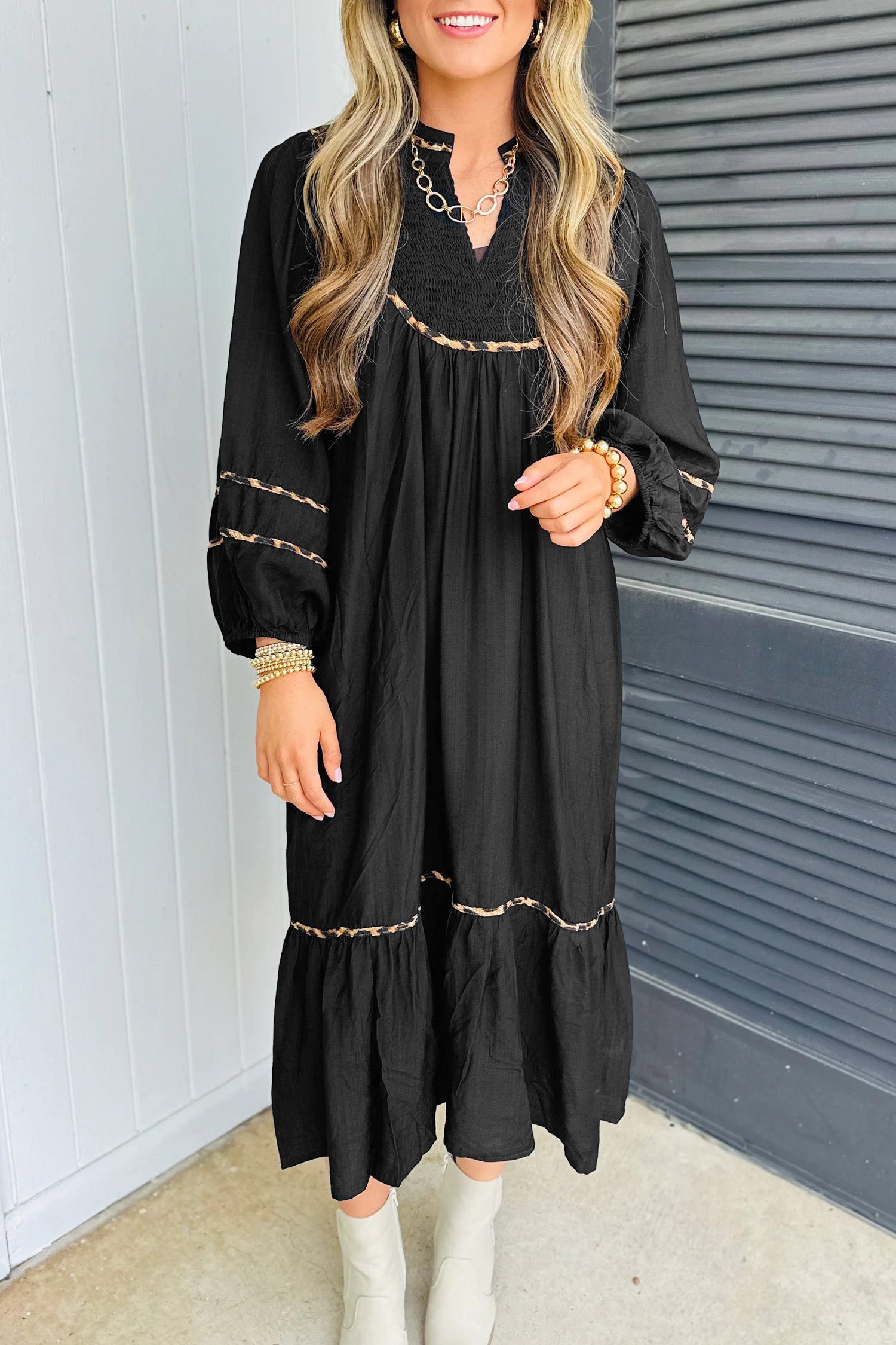 Contrast Leopard Trim Split Neck Long Sleeve Casual Midi Dress