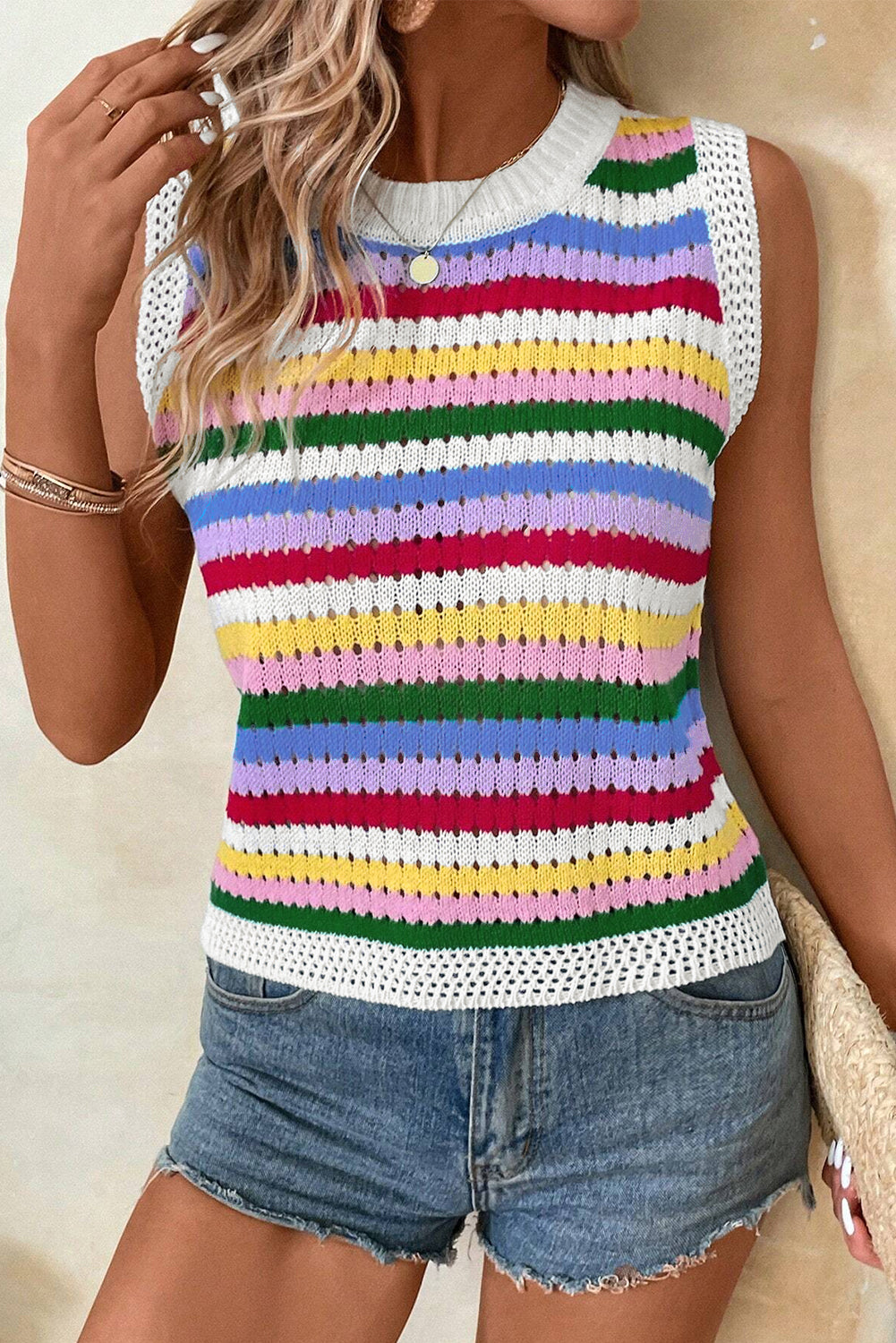 Multicolour Striped Knitted Eyelet Slim Sweater Vest eAura