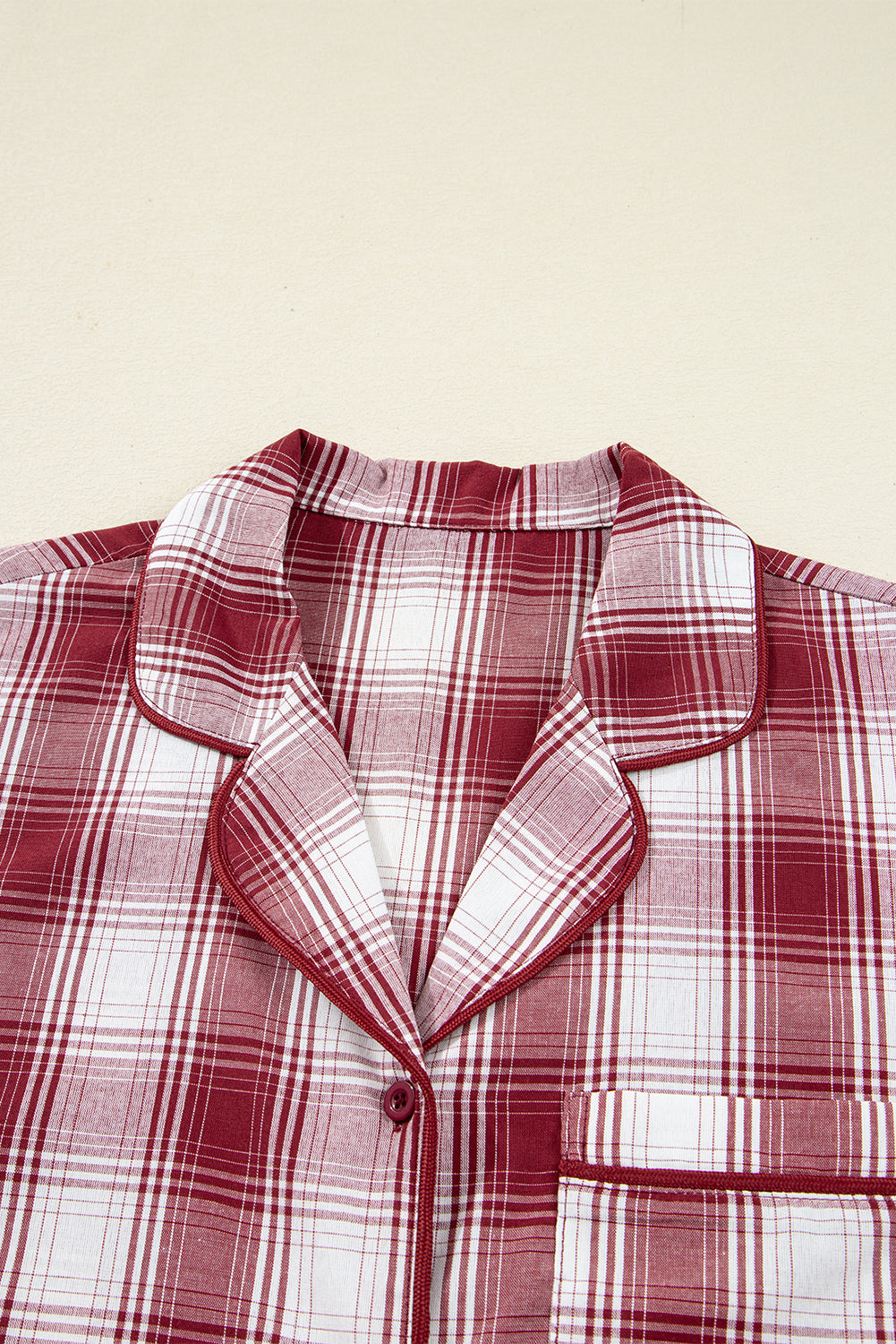 Red Retro Plaid Long Sleeve Shirt Drawstring Shorts Pyjama Set - eAura