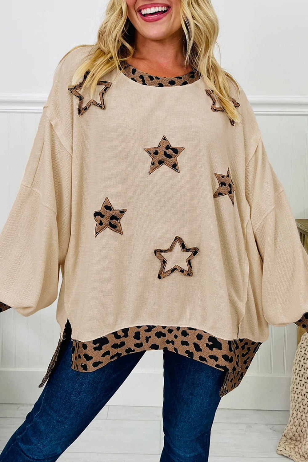 Stars Pattern Leopard Patchwork Round Neck Sweatshirt