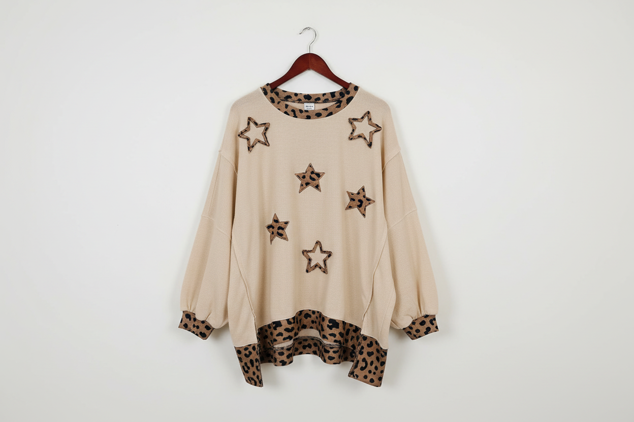 Stars Pattern Leopard Patchwork Round Neck Sweatshirt