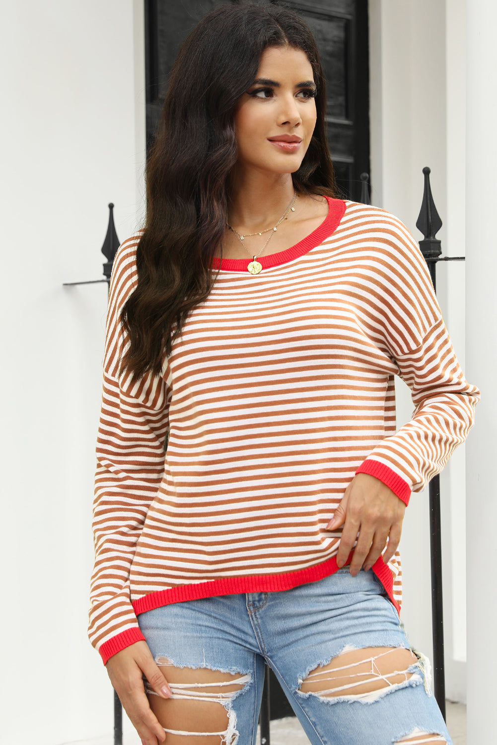 Fiery Red Contrast Trimmed Striped Drop Shoulder Sweater eAura