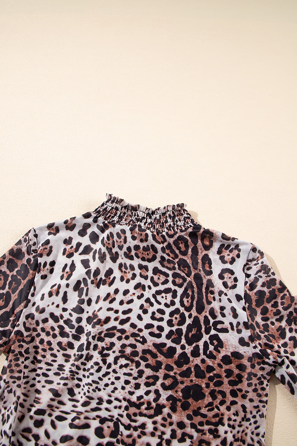 Brown Leopard Smocked Neck Mesh Long Sleeve Bodysuit - Tops/Bodysuits