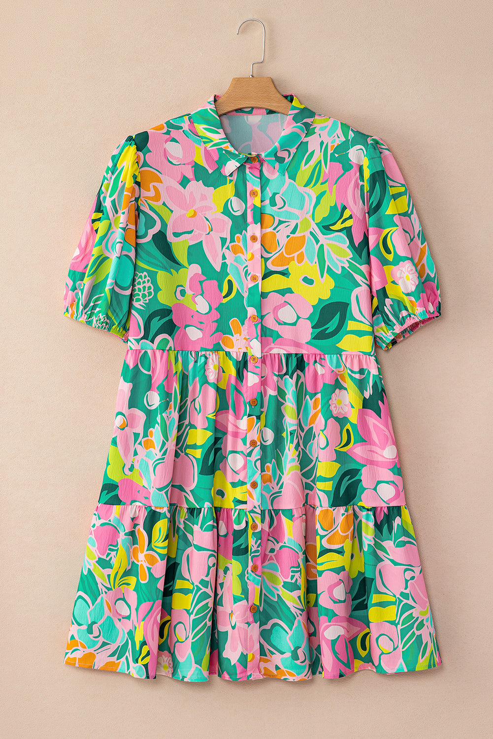 Green Floral Puff Sleeve Collar Buttoned Babydoll Dress eAura