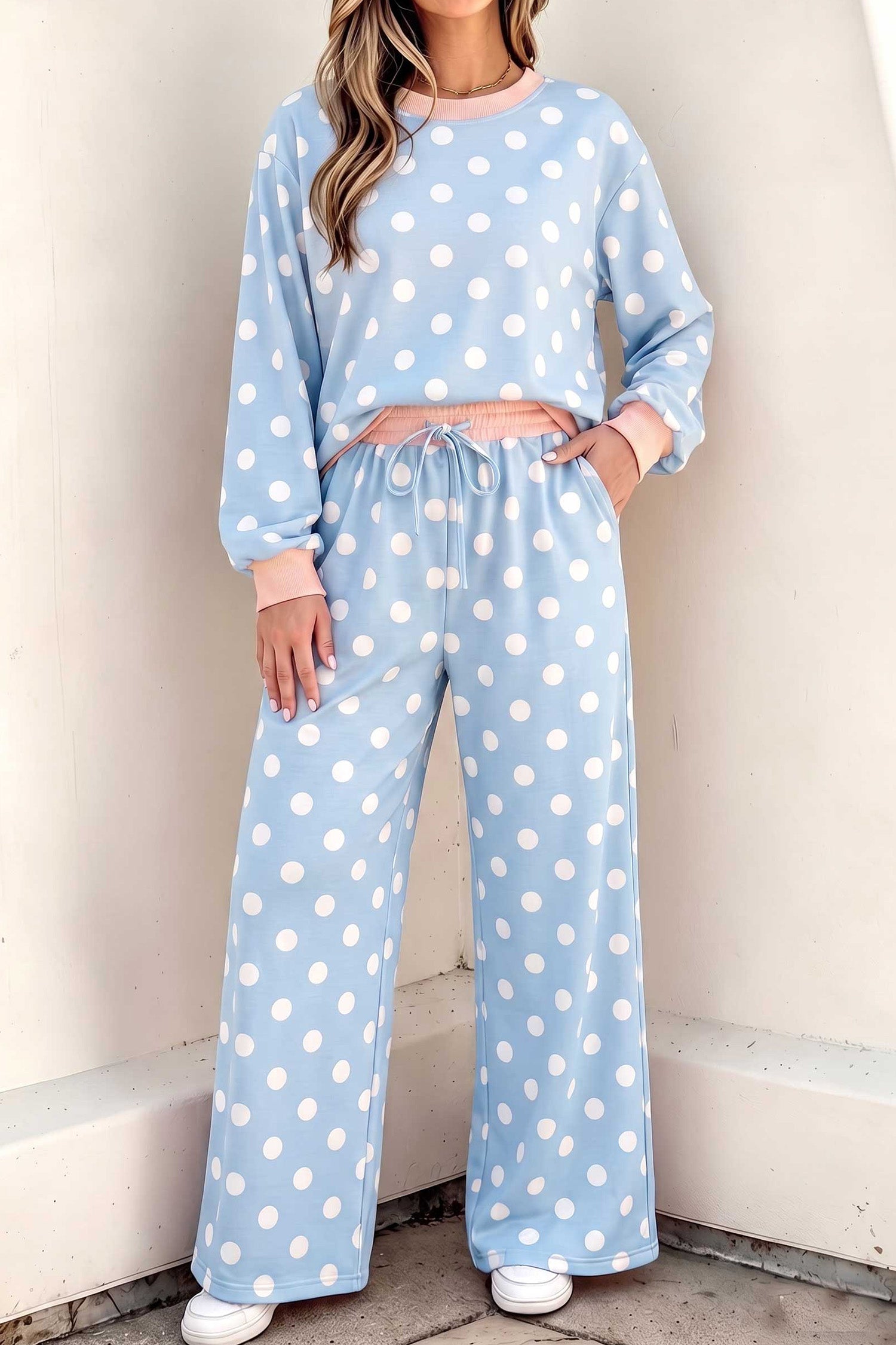 Polka Dot Contrast Trim Long Sleeve Top Drawstring Shift Pants Set – Pink