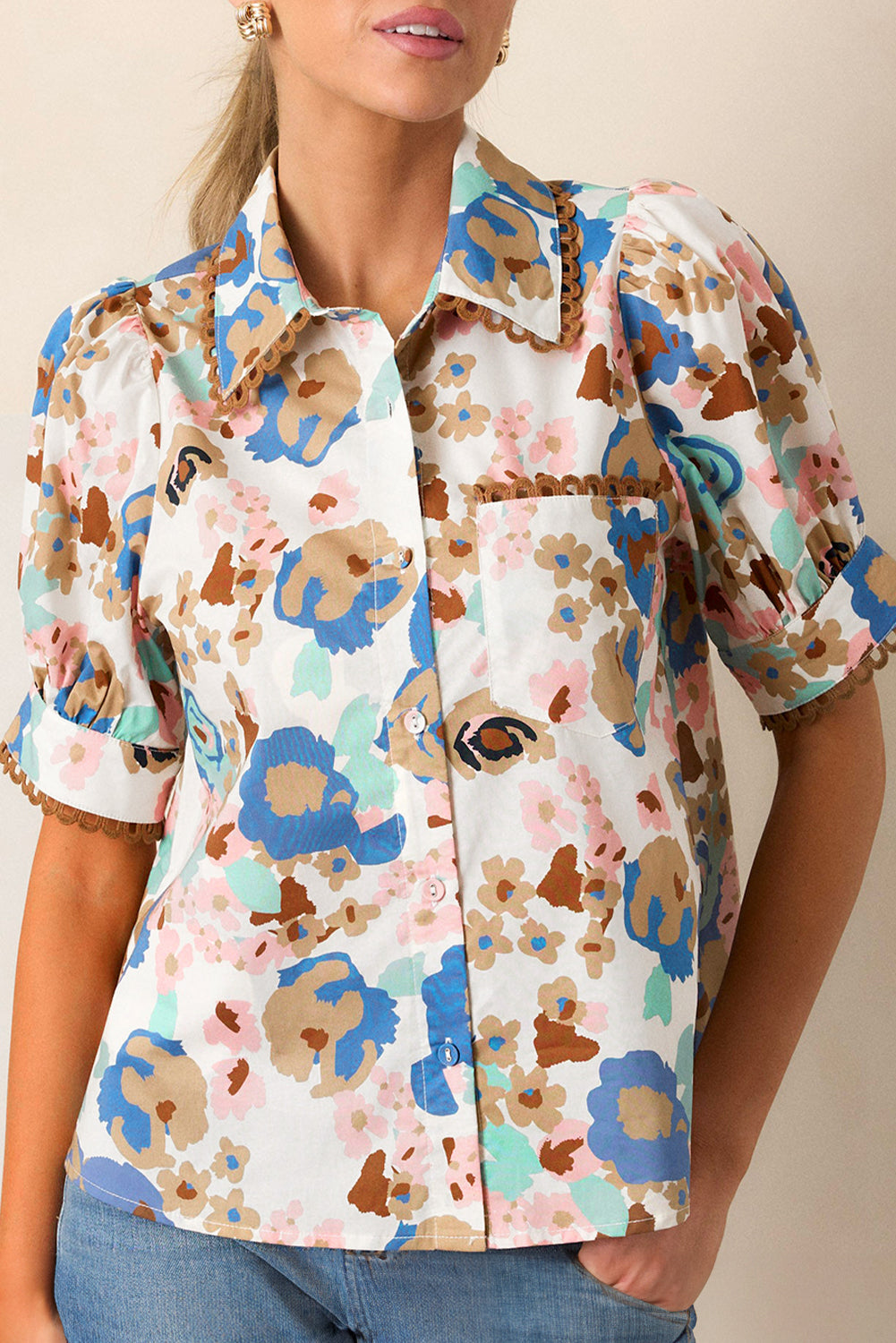 Multicolour Floral Print Ricrac Trim Collared Puff Short Sleeve Shirt eAura
