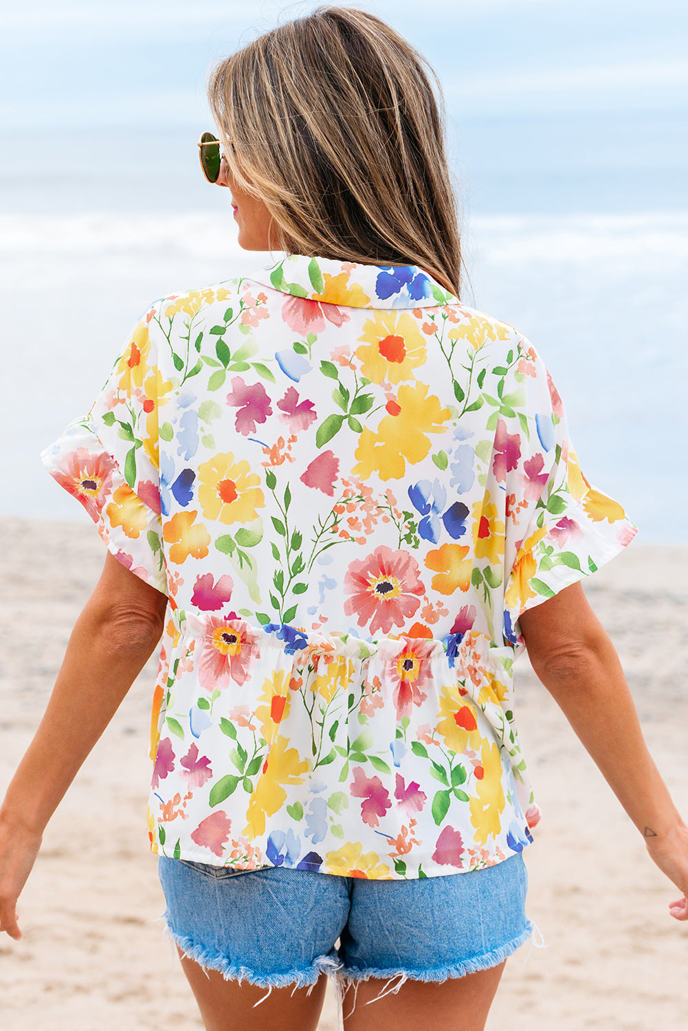 Yellow Floral Boxy Fit Ruffled Short Sleeve V Neck Blouse eAura