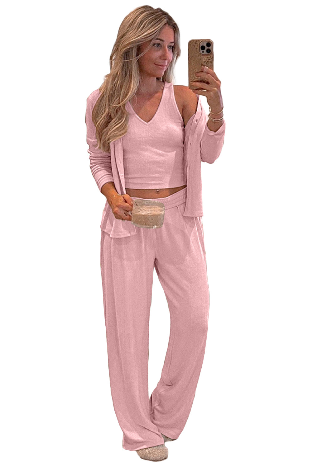 Light Pink 3-Piece Cozy Knit Lounge Set Pyjamas eAura