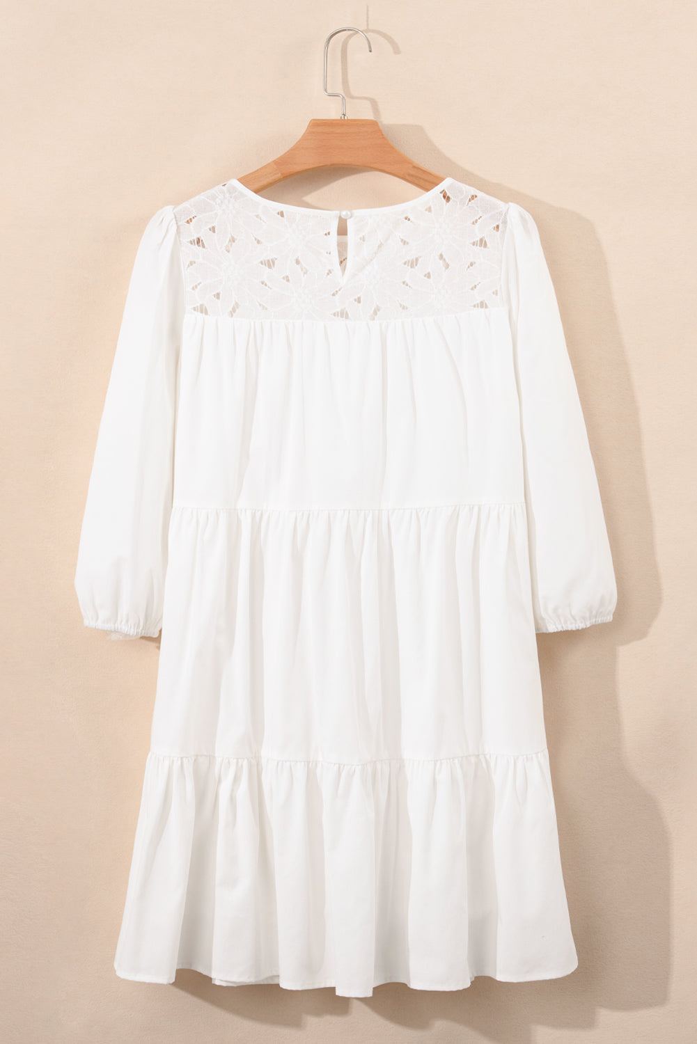 White Floral Lace Patchwork Bracelet Sleeve Tiered Mini Dress Beagle Boutique Fashion Outlet