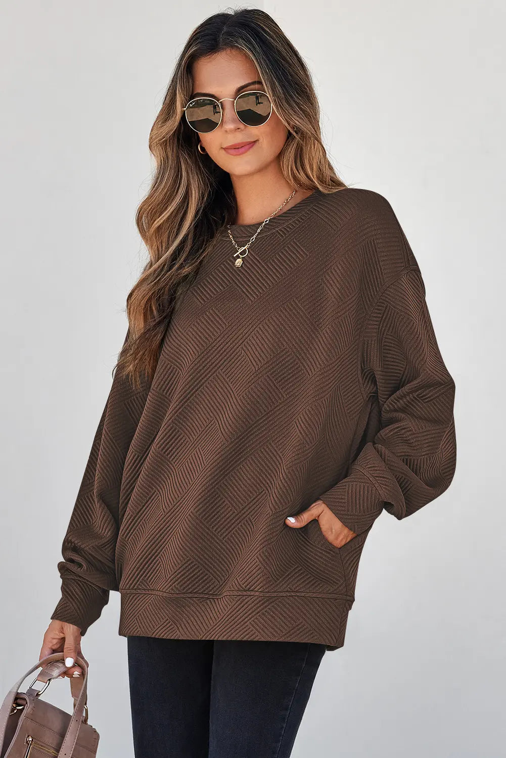 Jungle Solid Colour Textured Round Neck Drop Shoulder Pullover Sweatshirt – Green