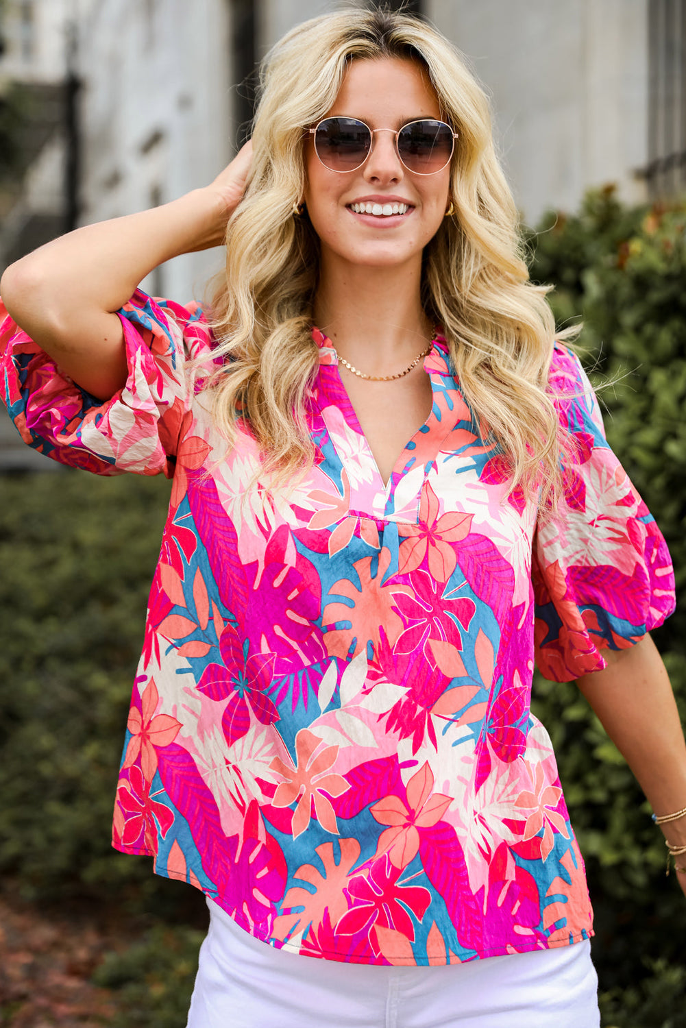 Rose Tropical Plant Printed V Neck Puff Sleeve Blouse eAura