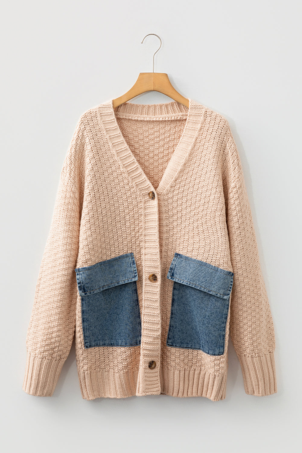 Open Front Knit Cardigan With Denim Pockets - eAura