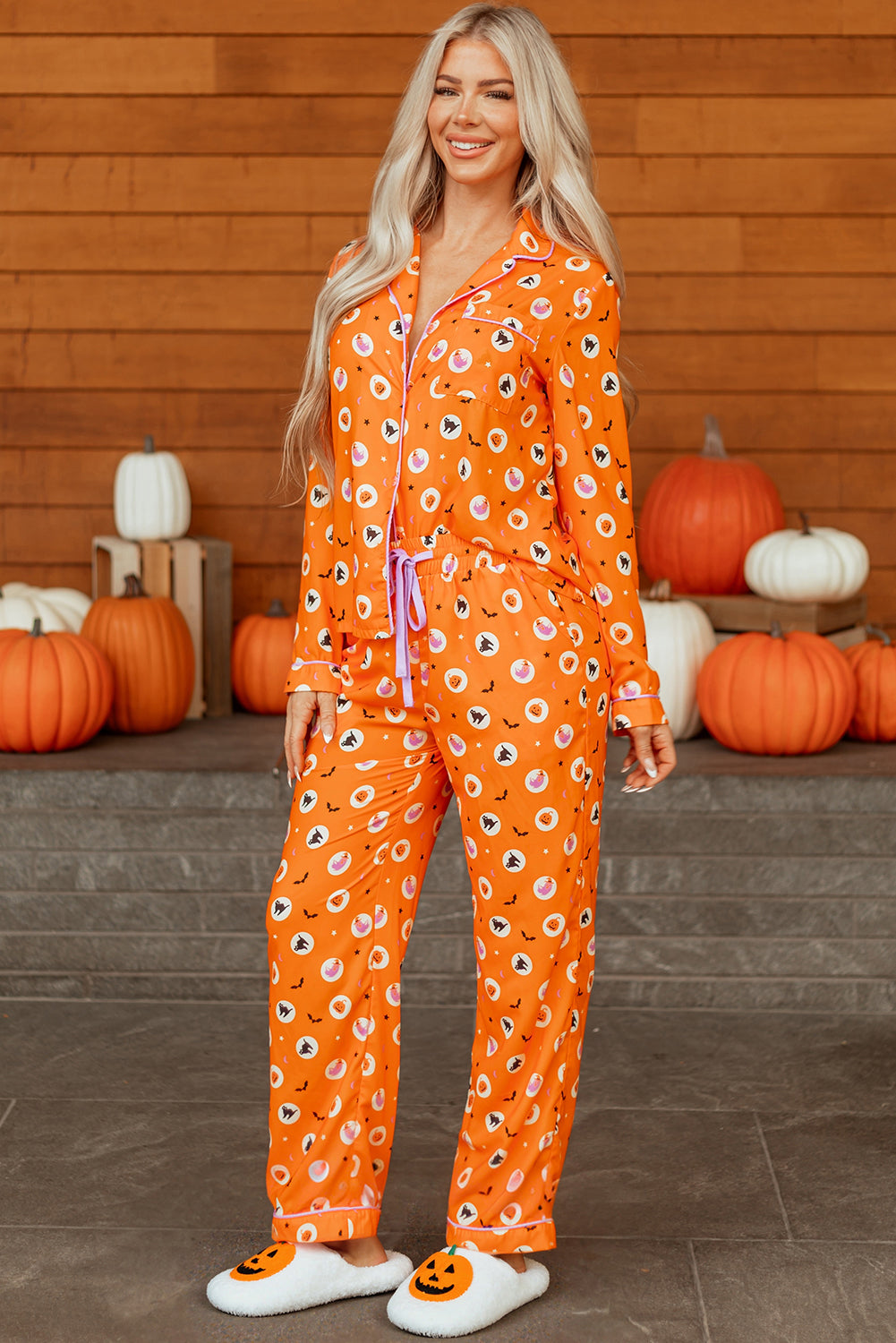 Orange Halloween Print Lapel Shirt Long 2pcs Pyjama Set - eAura