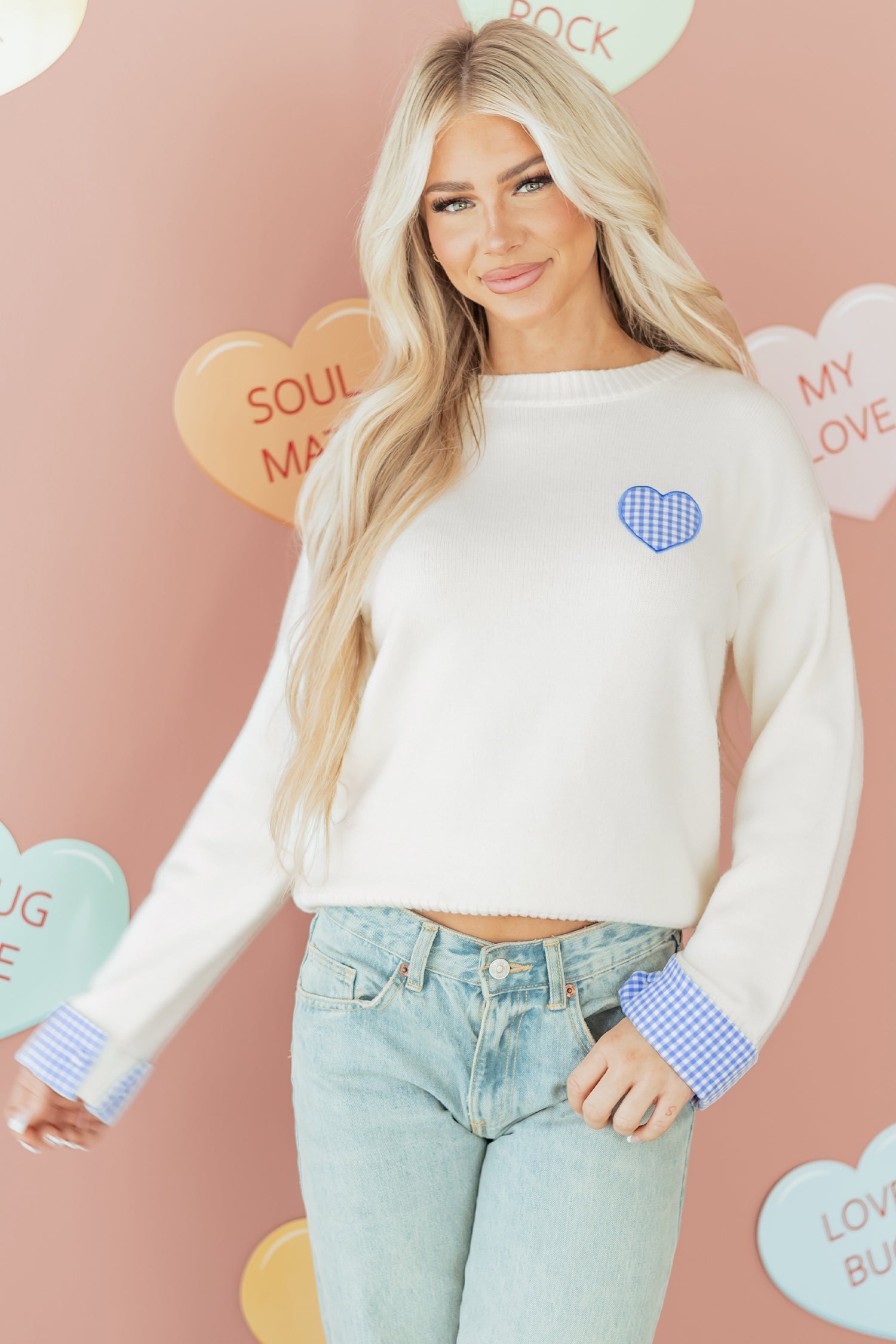 Heart Embroidered Cuffed Drop Shoulder Sweater - White / L - Sweaters & Cardigans/Sweaters