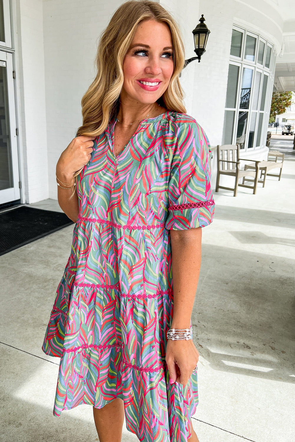Light Blue Abstract Printed Ricrac Tiered Puff Sleeve Dress eAura