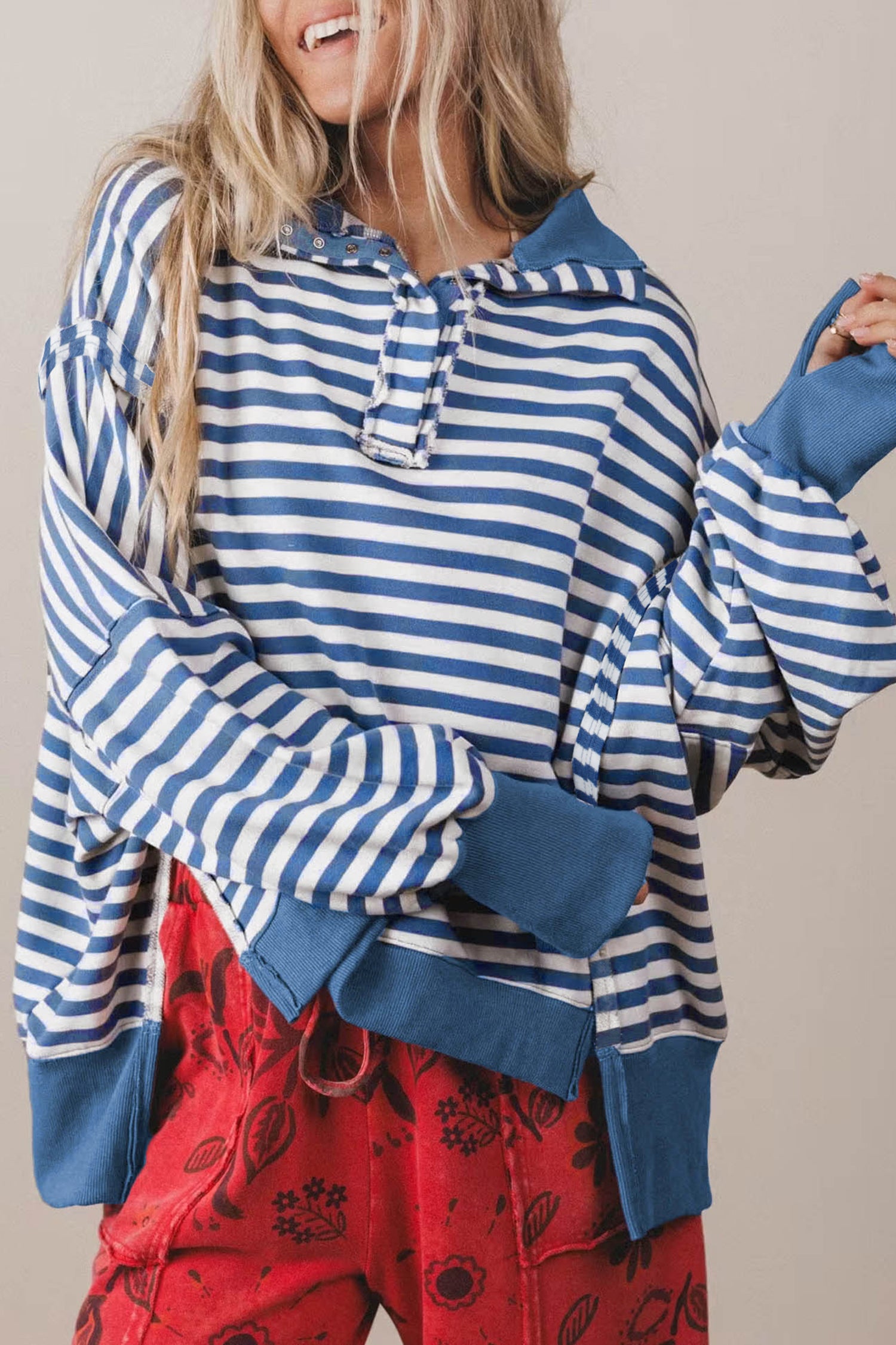 Color Block Trim Raw Seam Split Hem Loose Pullover Sweatshirt – Blue Stripe