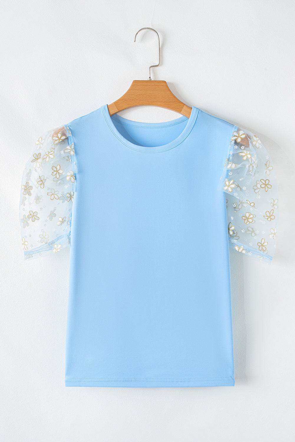 Beau Blue Floral Mesh Puff Sleeve Crew Neck Top eAura