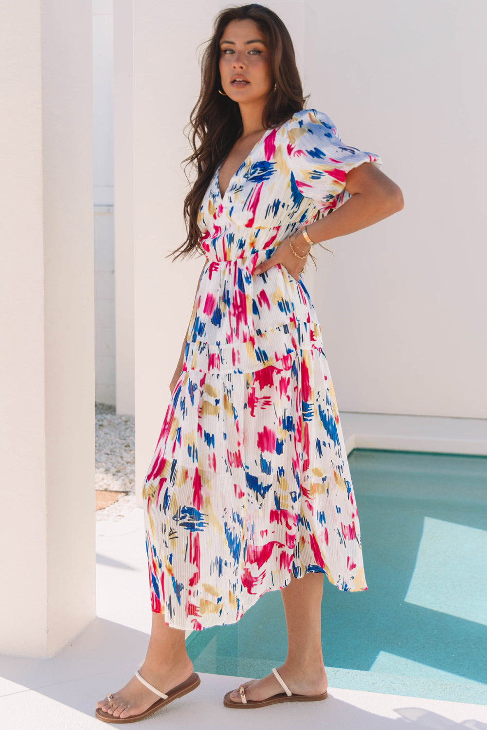Rose Abstract Print Short Puff Sleeve Tiered Maxi Dress eAura