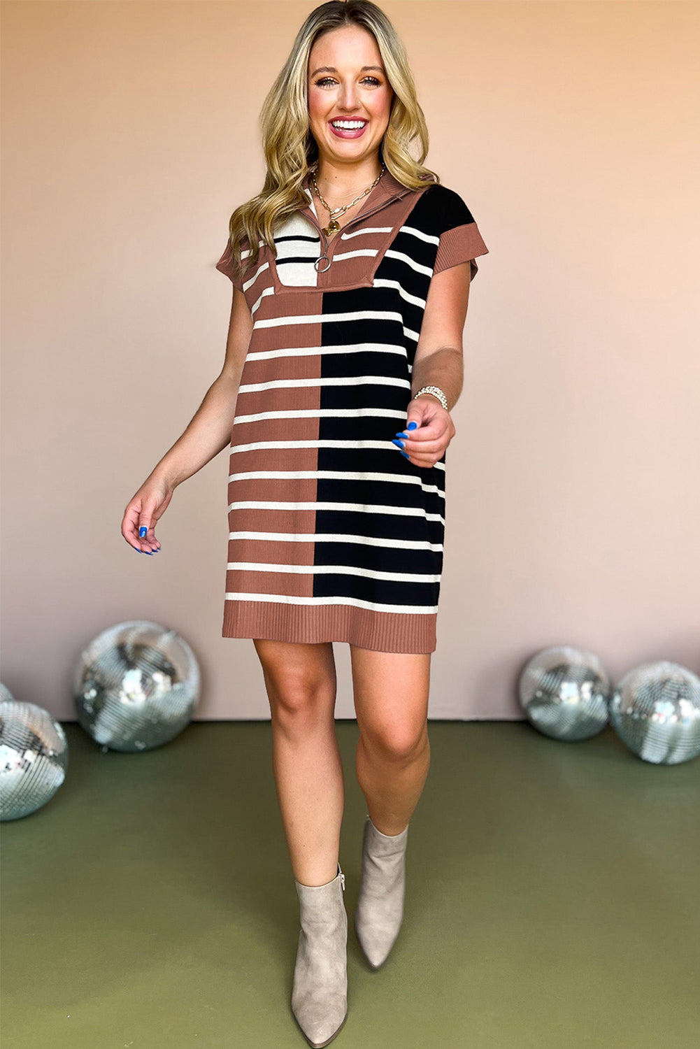 Khaki Stripe Colour Block Quarter Zip Collar Short Sleeve Sweater Dress eAura