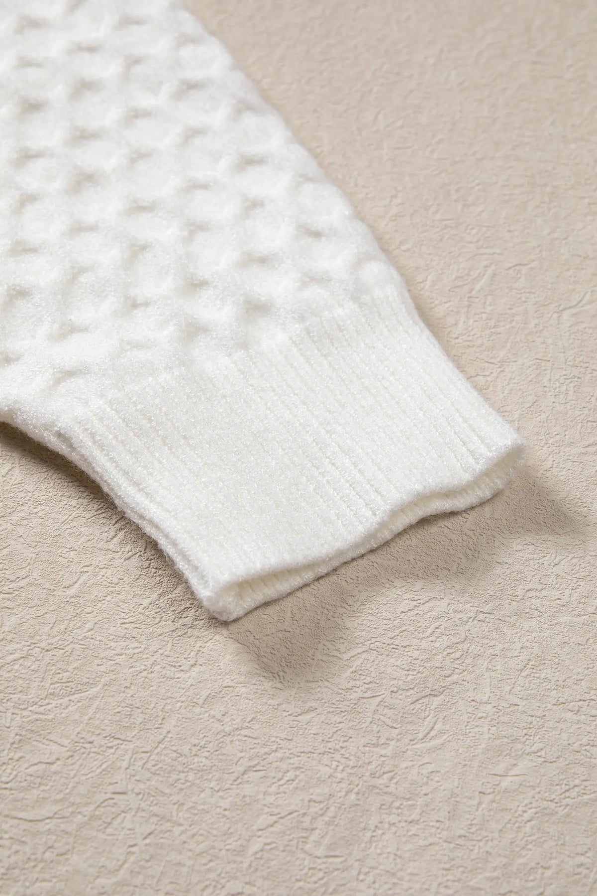 Solid Textured Knit Pearl Embellished Pullover Sweater – White