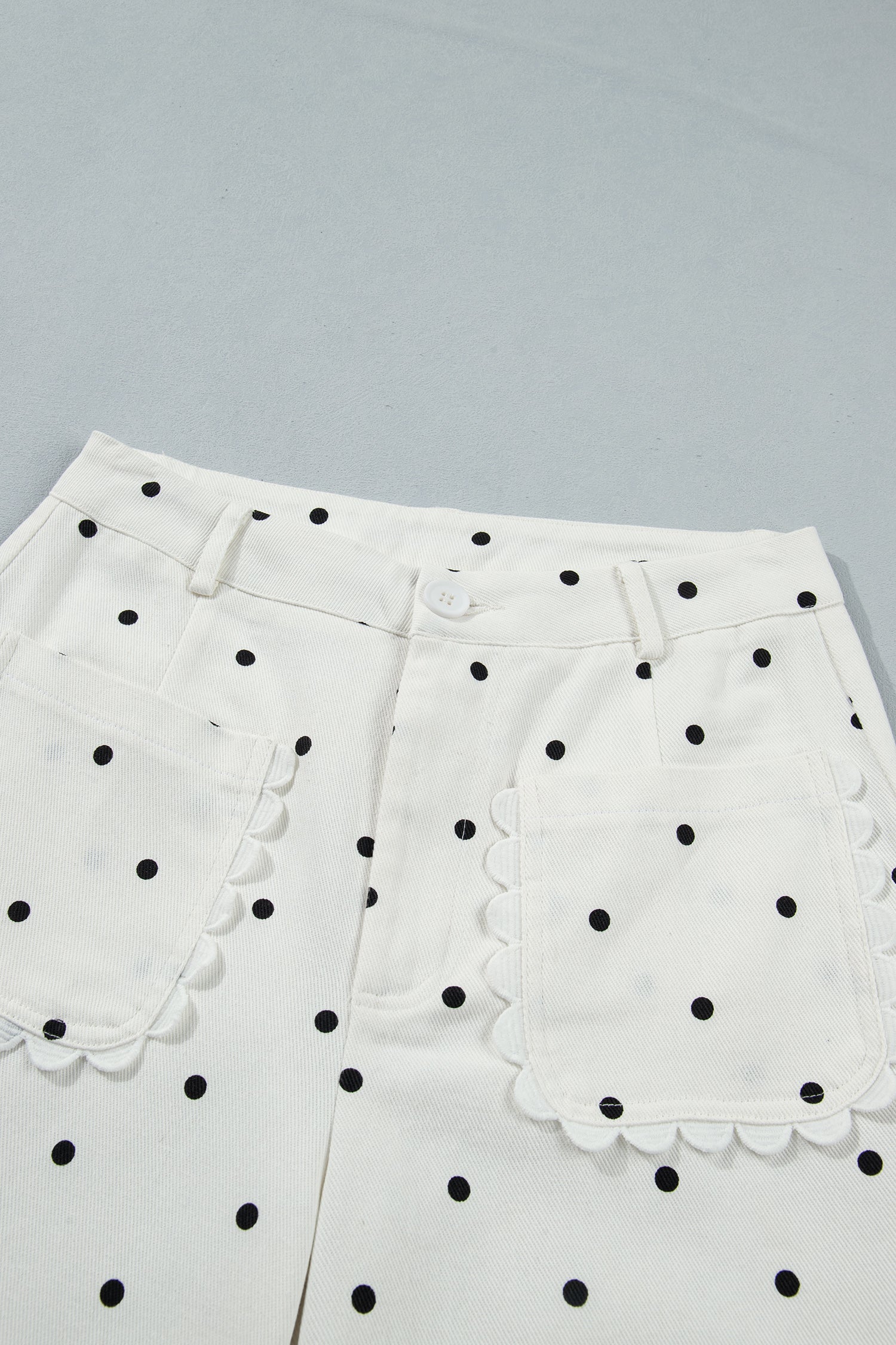 White Polka Dot Scalloped Pocket Cotton Shift Pants