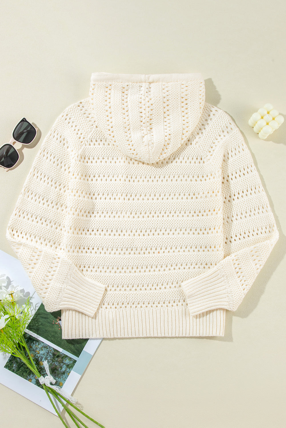 Peach Blossom Pointelle Knit Raglan Sleeve Hooded Sweater eAura