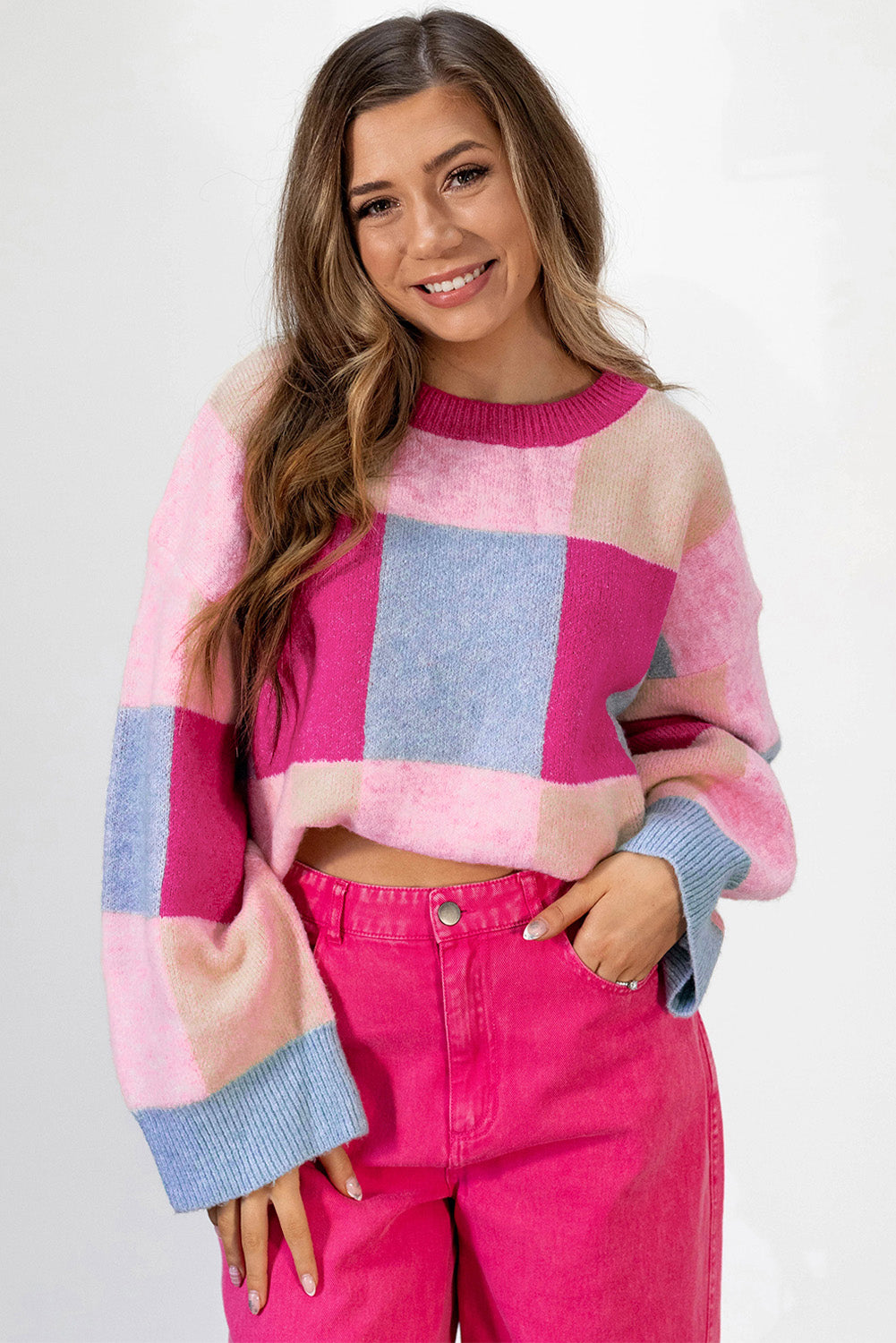 Rose Red Colour Block Drop Shoulder Crewneck Loose Fit Sweater eAura