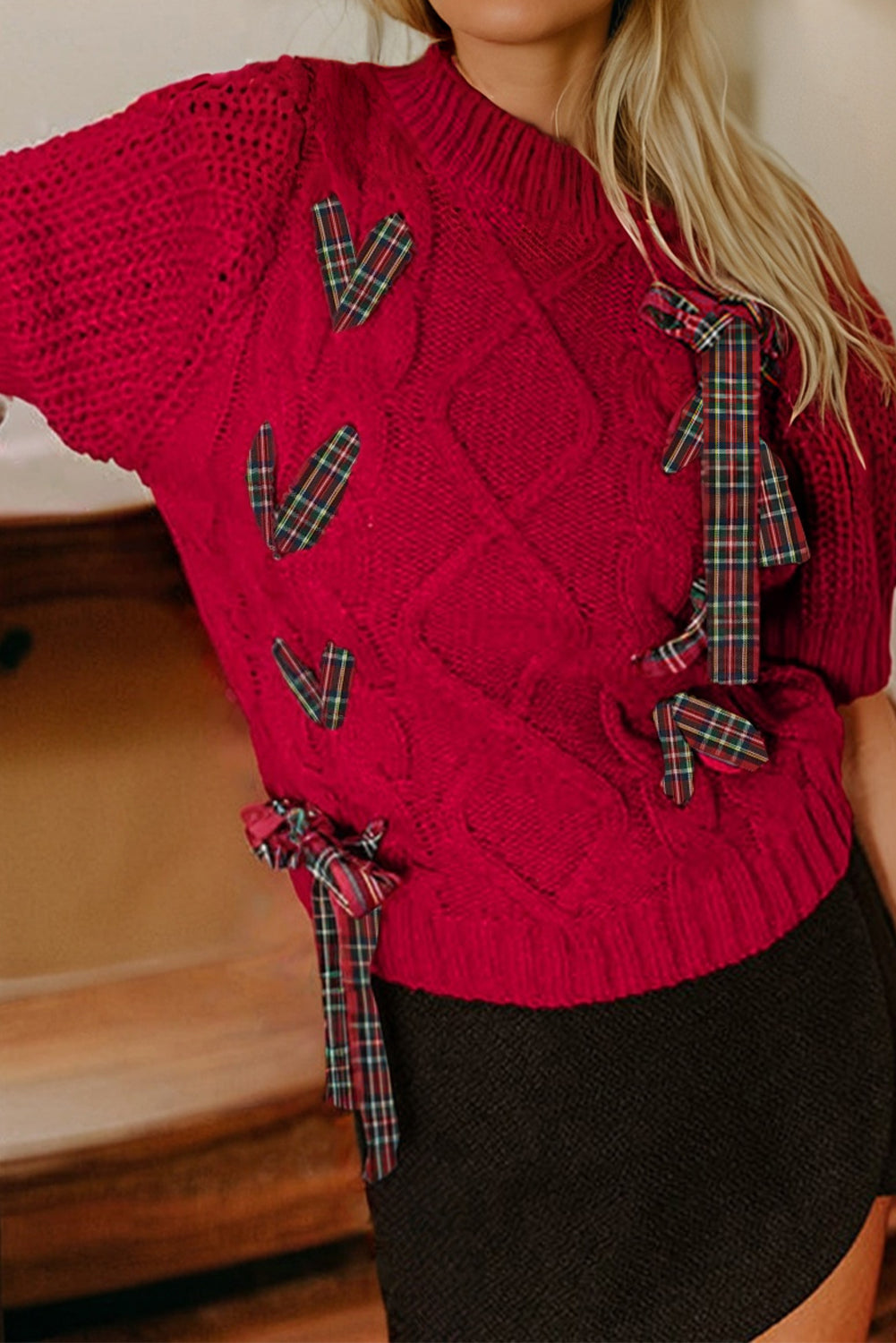 Plaid Lace up Detail Christmas Holiday Puff Short Sleeve Sweater - eAura