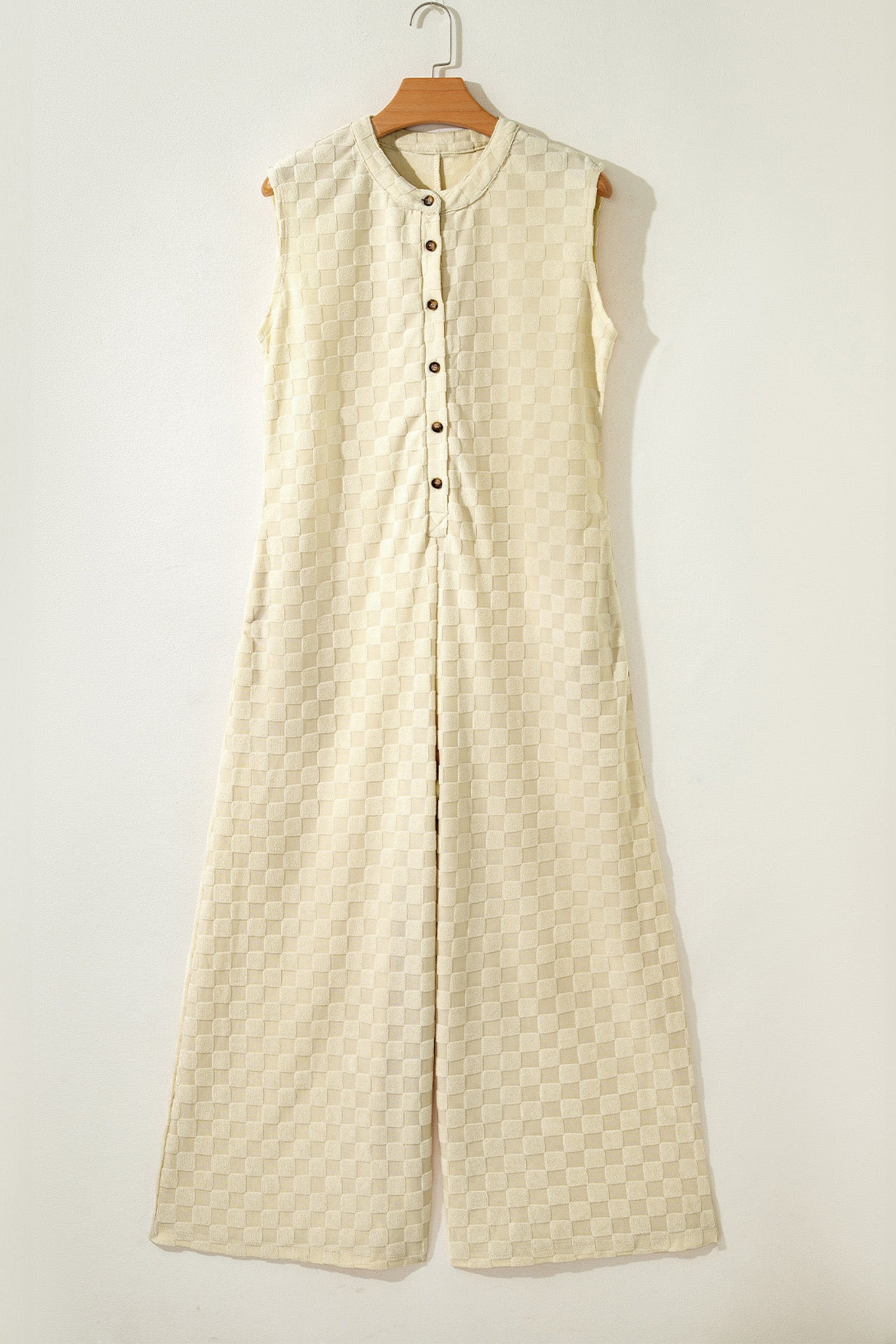 Half Buttons Sleeveless Wide Leg Textured Jumpsuit