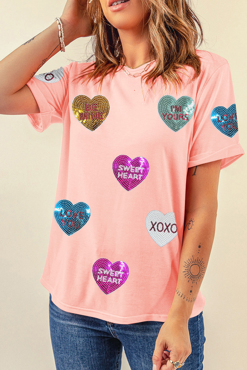 Pink Sequin Valentines Lettering Heart Patched Crewneck T Shirt - eAura