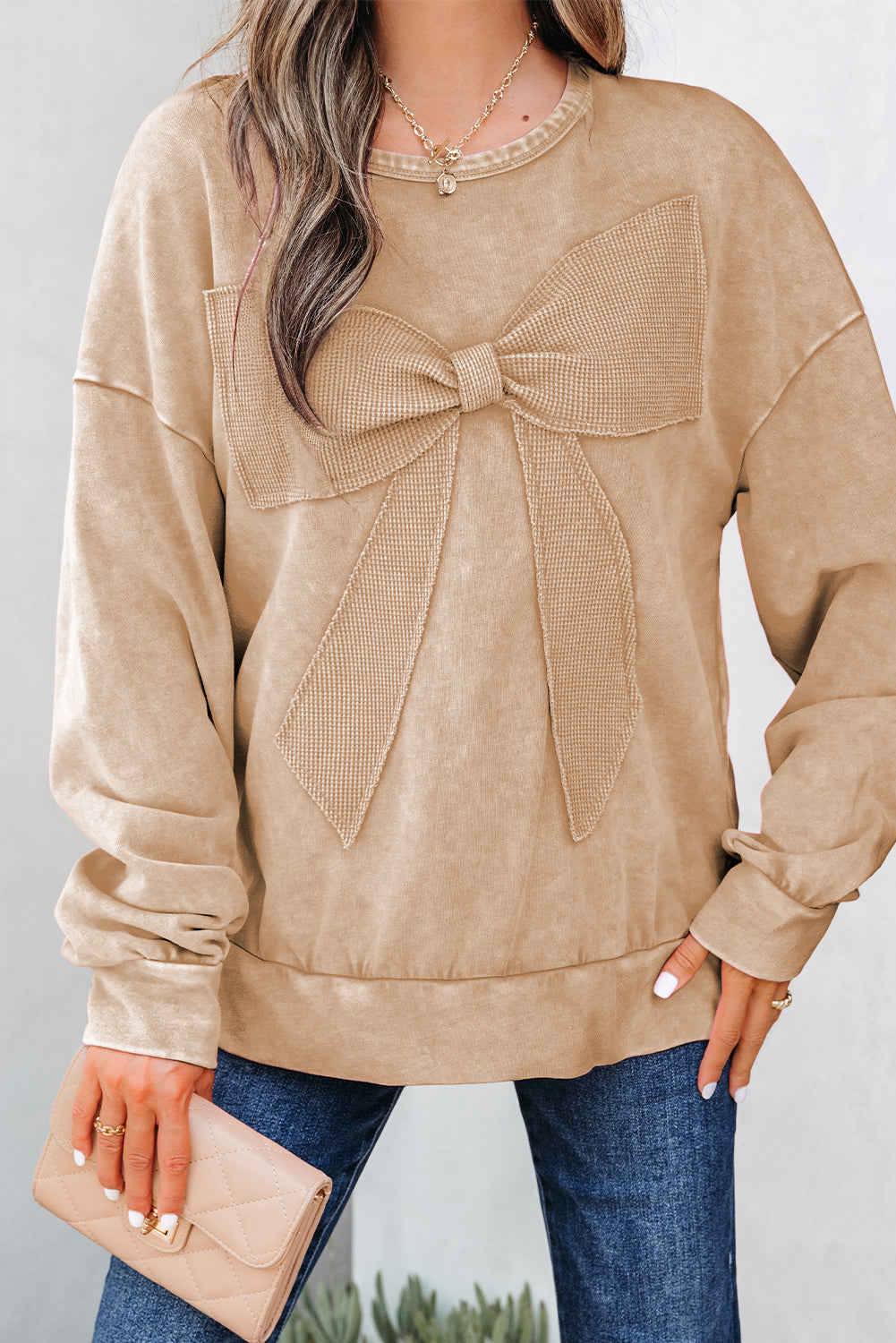 Mineral Wash Big Bow Patchwork Pullover Sweatshirt - eAura