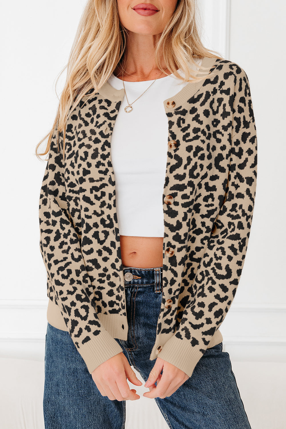 Leopard Print Drop Shoulder Chunky Knit Cardigan - eAura