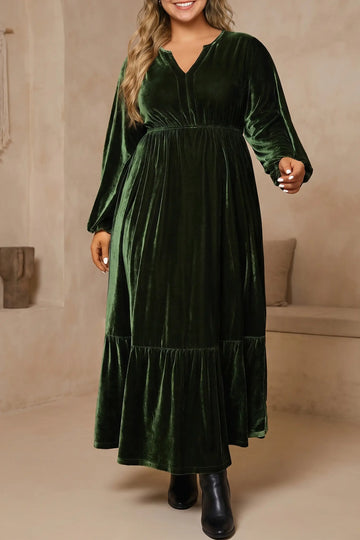 Blackish Green V Neck Long Sleeve Velvet Loose Fit Plus Size Dress