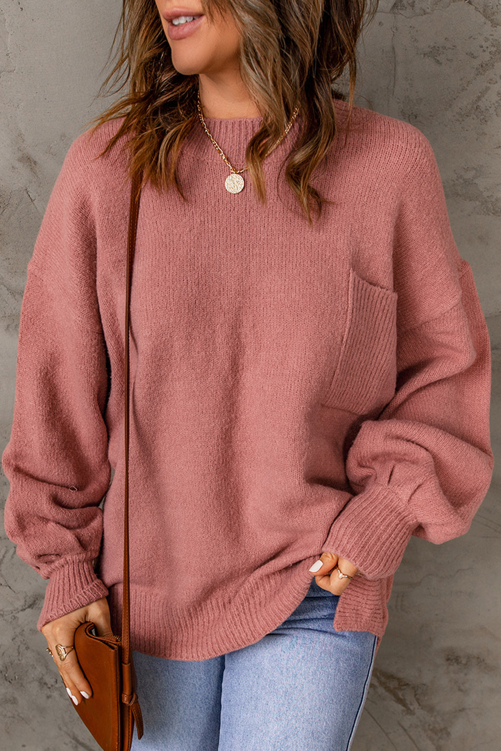 Black Solid Colour Puffy Sleeve Pocketed Sweater eAura