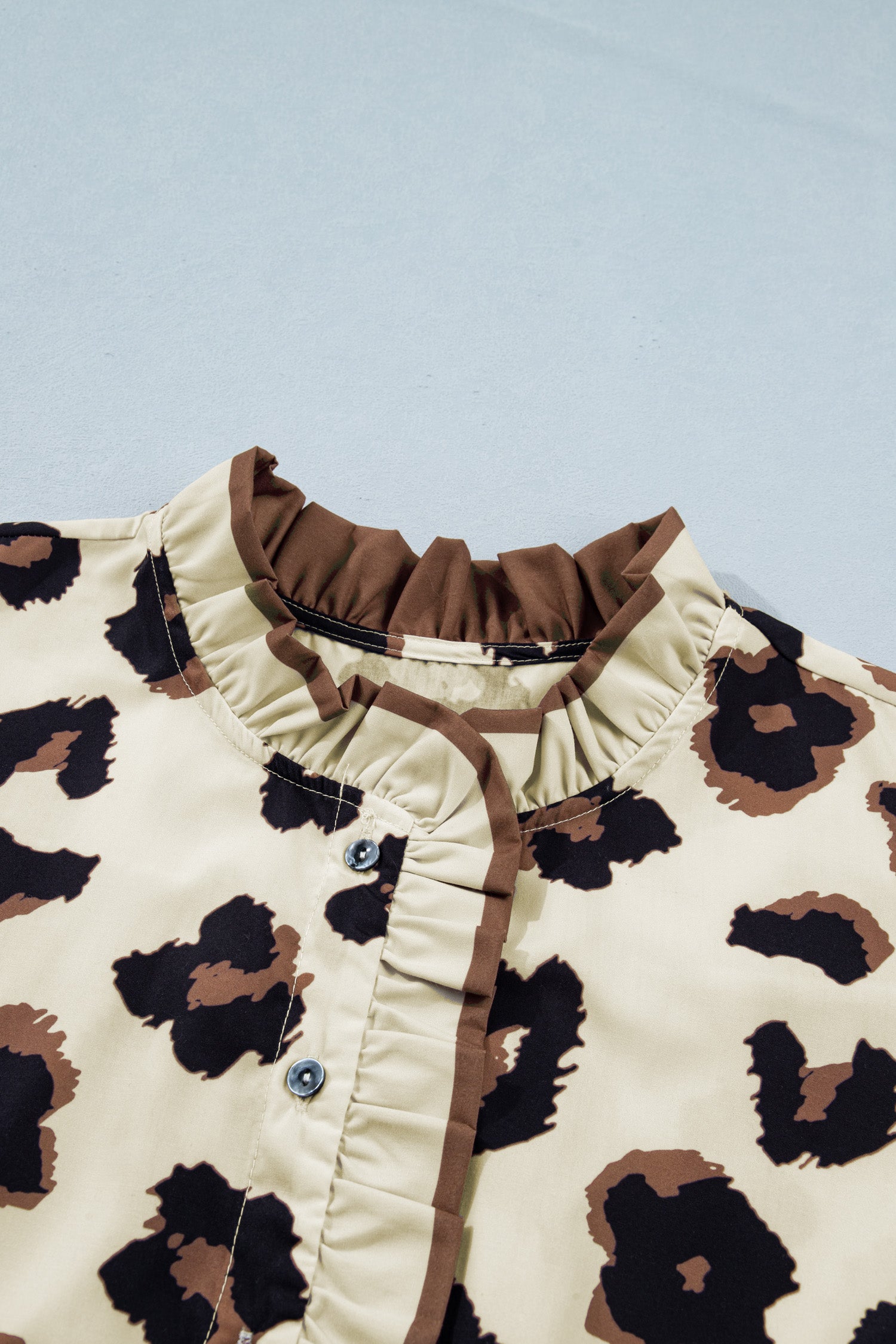 Plus Size Leopard Print Frilled Color Block Trim Button Down Short Sleeve Blouse – Khaki