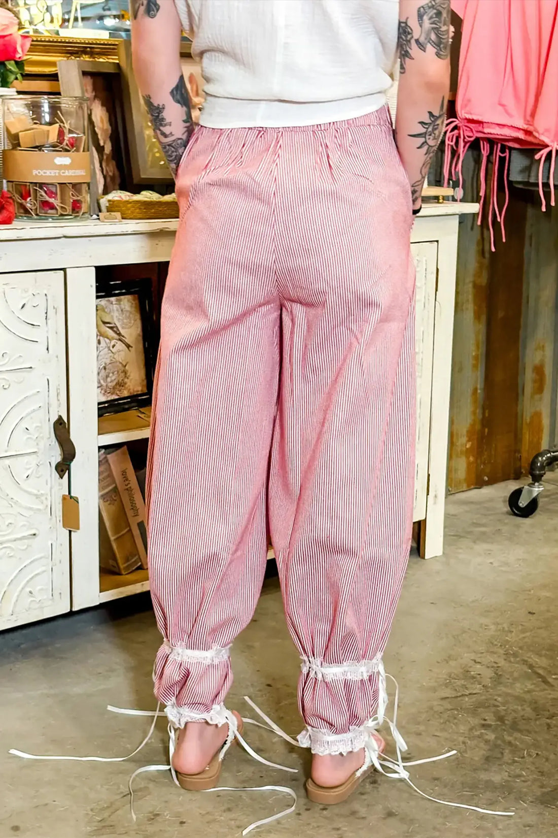 Contrast Lace Ribbon Tie Detail Wide Leg Pants – Red Stripe