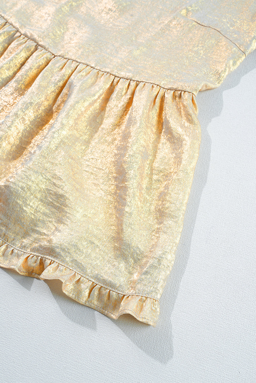 Gold Metallic Frilled V Neck Puff Sleeve Babydoll Blouse Beagle Boutique Fashion Outlet