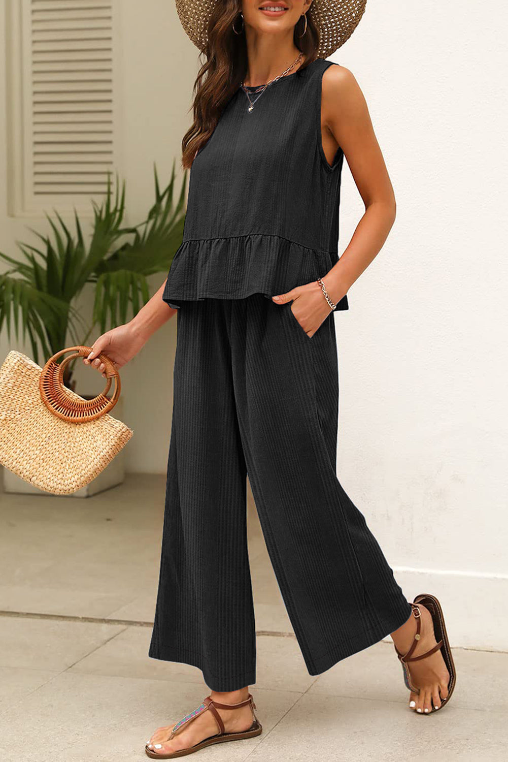 Duffel Green Solid Colour Ribbed Ruffle Tank Top and Trousers Set eAura