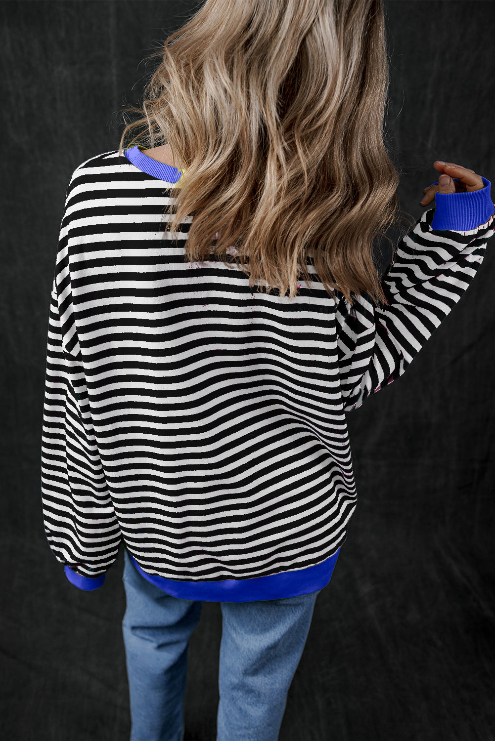 Black Stripe Oversized Contrast Trim Pullover Sweatshirt eAura