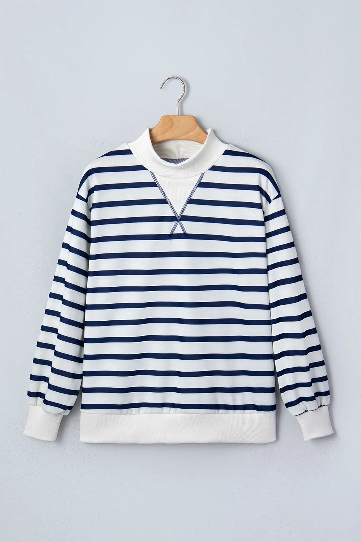 Striped Stand Neck Long Sleeve Ribbed Cuff Hem Sweatshirt – Blue Stripe