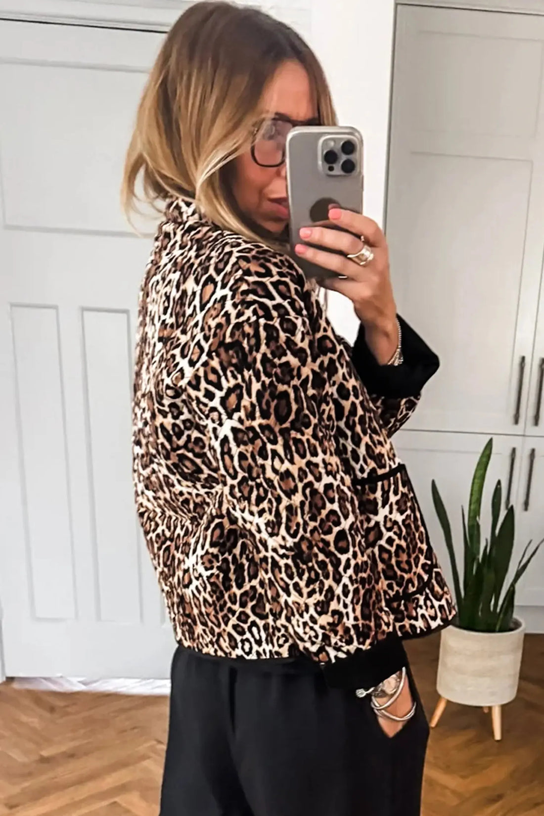 Leopard Print Quilted Button Front Patch Pockets Jacket – Brown