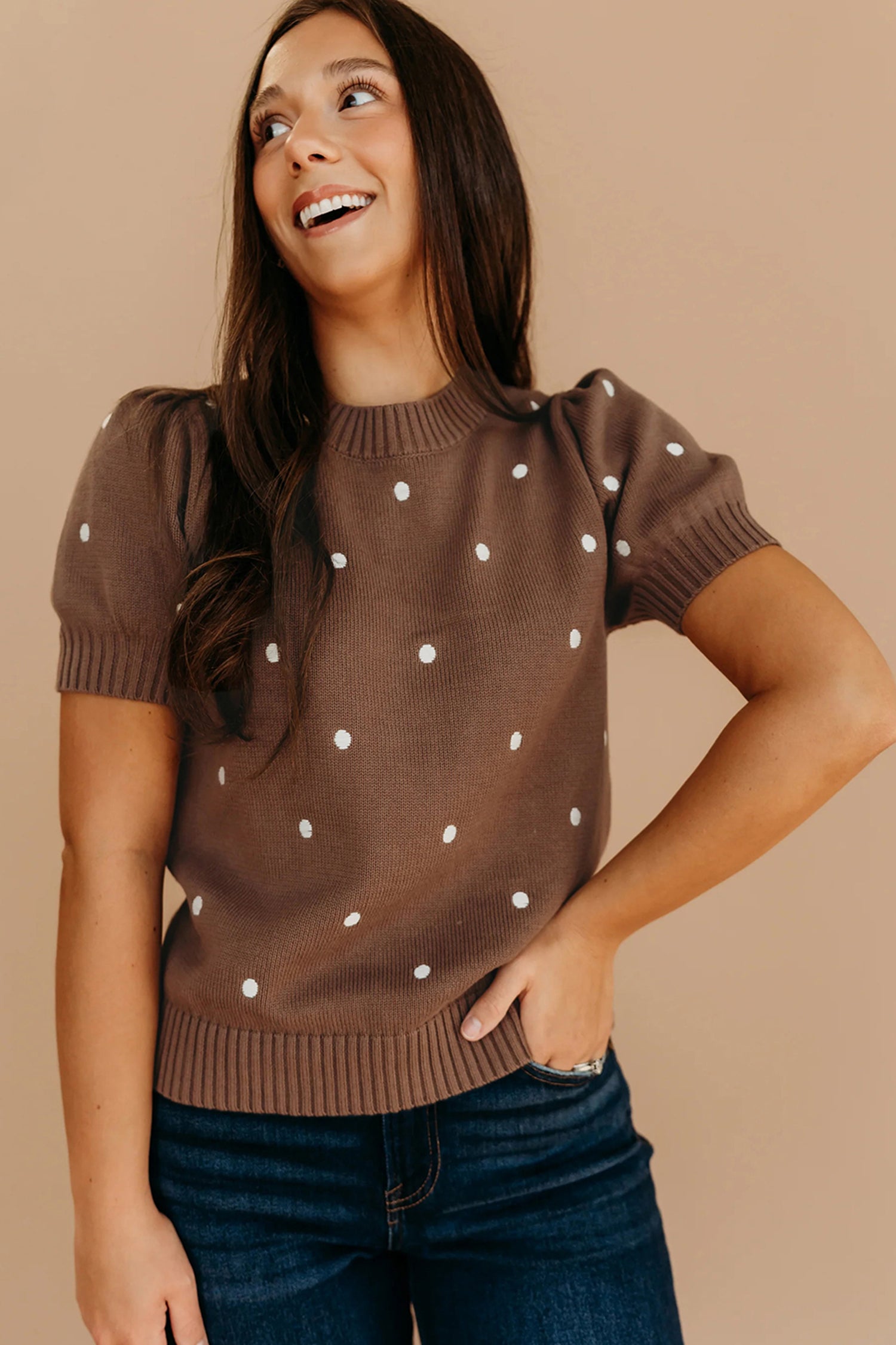 Elegant Polka Dot Bubble Short Sleeve Sweater