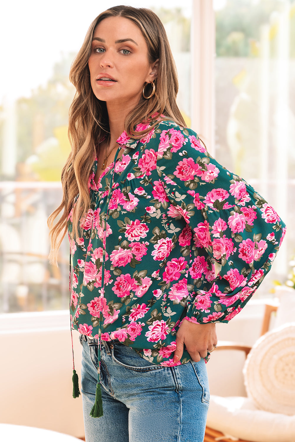 Green Floral Printed Tied Collar Puff Sleeve Blouse eAura