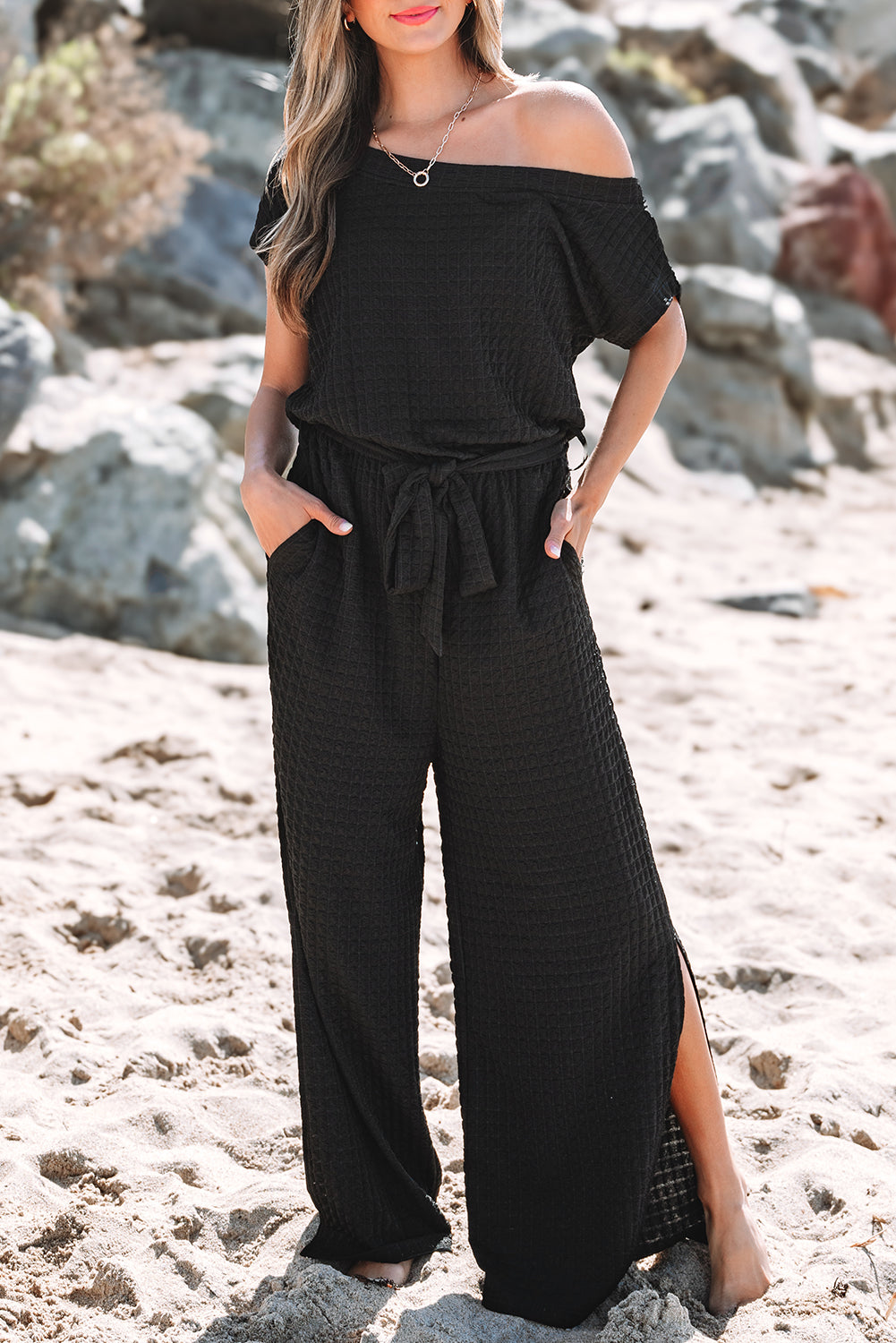 Black Checkered Mesh One Shoulder Short Sleeve Knotted Waist Jumpsuit eAura