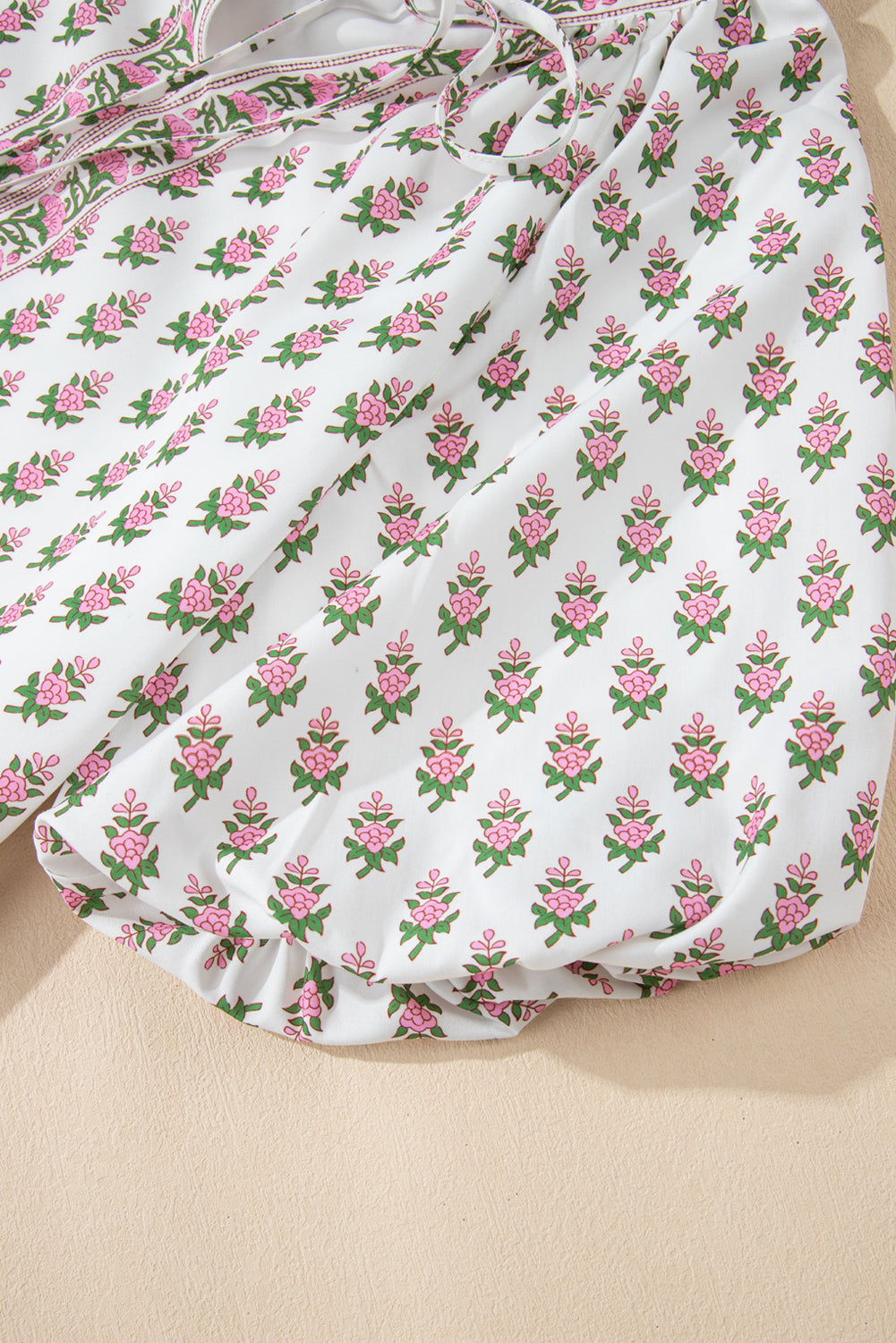 Pink Floral Print Bubble Sleeve Neck Tie Ruffled Dress eAura