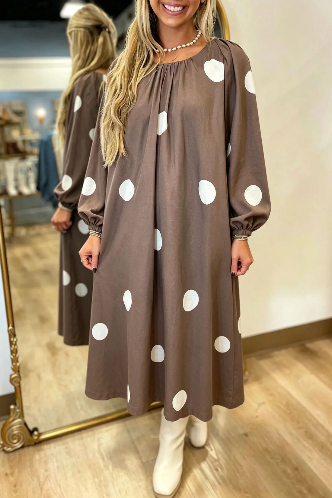 Polka Dot Contrast Bow Knot Back Long Sleeve Midi Dress