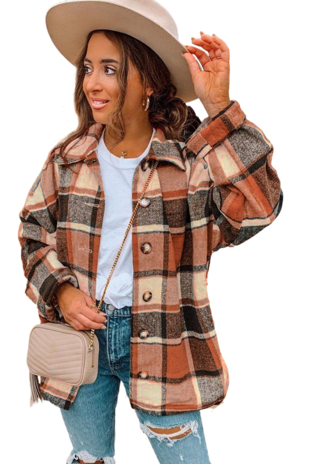 Plaid Print Buttoned Shirt Jacket Beagle Boutique Fashion Outlet