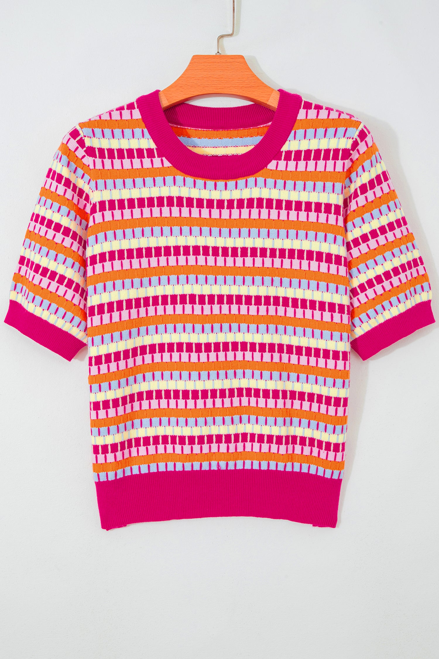 Abstract Striped Knit Short Sleeve Sweater