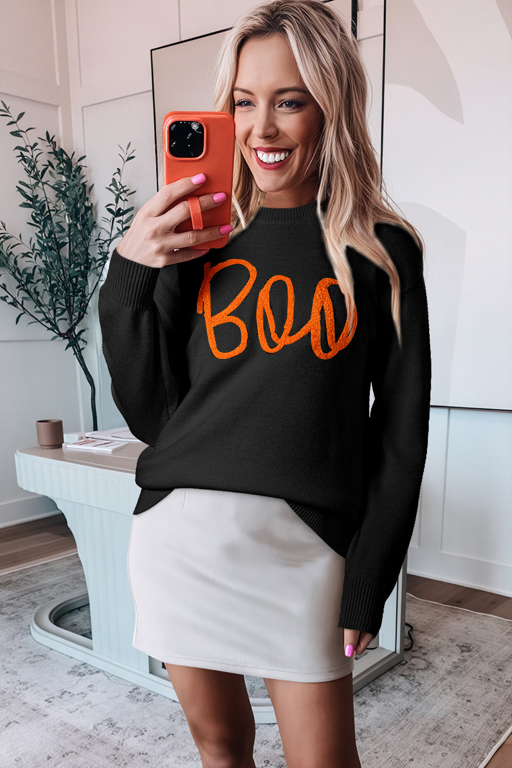 Black Boo Knitted Pattern Ribbed Edge Drop Shoulder Sweater eAura